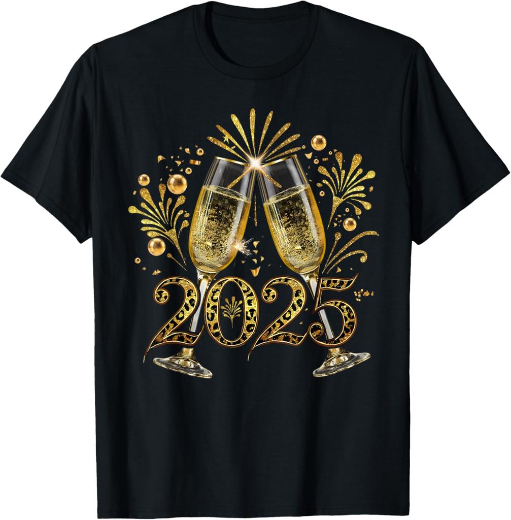 New Years Eve Happy New Year 2025 Firework Champagne Leopard T-Shirt Custom Printed Graphic T Shirts Mens Clothing Camisas