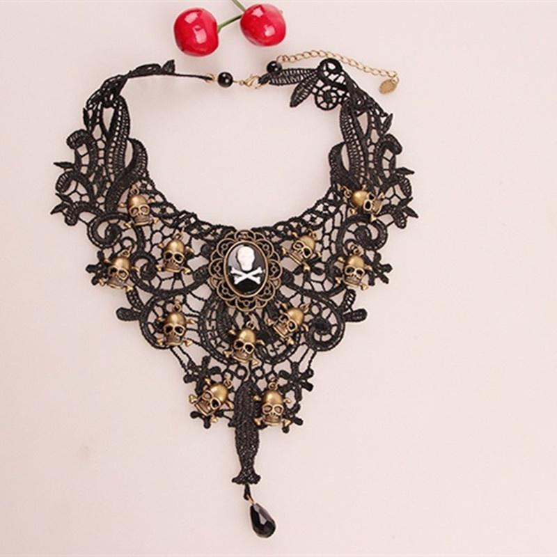 Женская мода готический черный череп кружево колье ожерелье бусы цепочка кулон украшения
