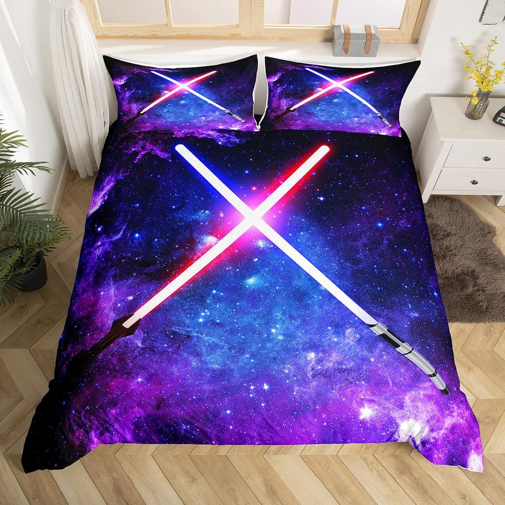 Lightsaber Duvet Cover Set Full,Galaxy Universe Planet Bedding Set 3pcs for Teens Room Decor,Trippy Star Sky Comforter Cover