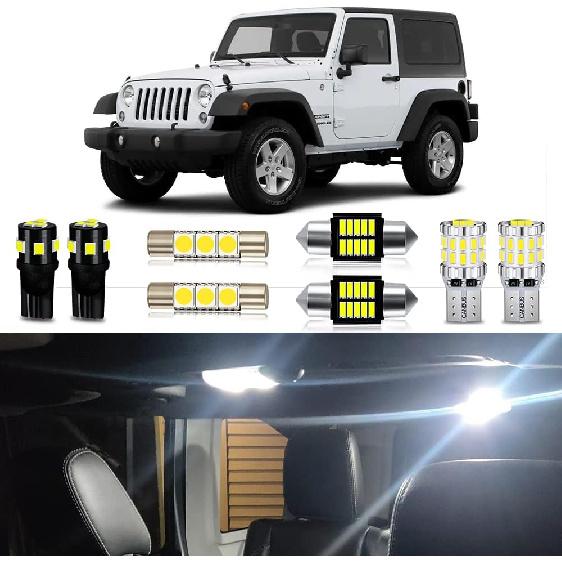 White LED Bulbs Package Kit Compatible with 2007 2008 2009 2010 2011 2012 2013 2014 2015 2016 2017 Jeep Wrangler JK 2-Door Interior Light + License