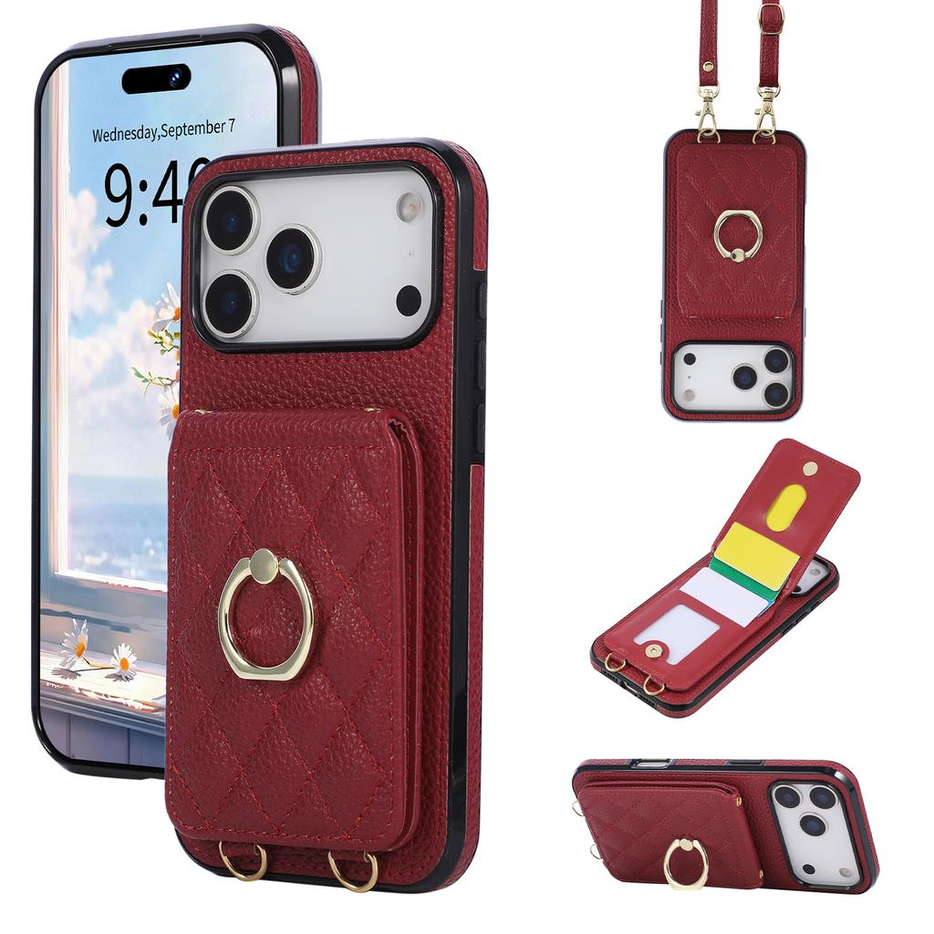 Кошелек-чехол на шею с кольцом-держателем и слотами для карт для iPhone 17 Pro Max 16 Plus 15 14 13 12 11 с длинным ремешком