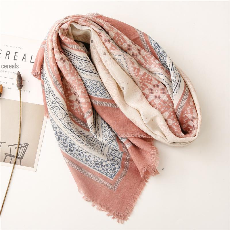 Women's Cotton & Linen Scarf: Elegant Ethnic Geometric Diamond Shawl with Messy Hemp Edge