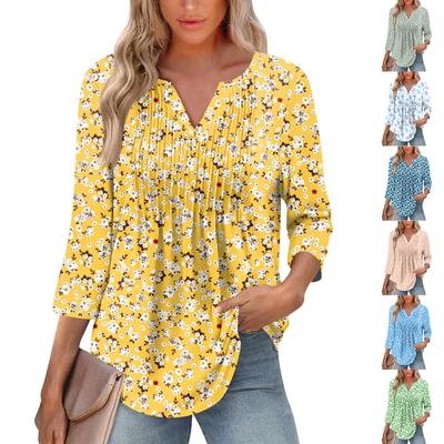 Женская модная повседневная плиссированная футболка с V-образным вырезом и рукавом семь четвертей