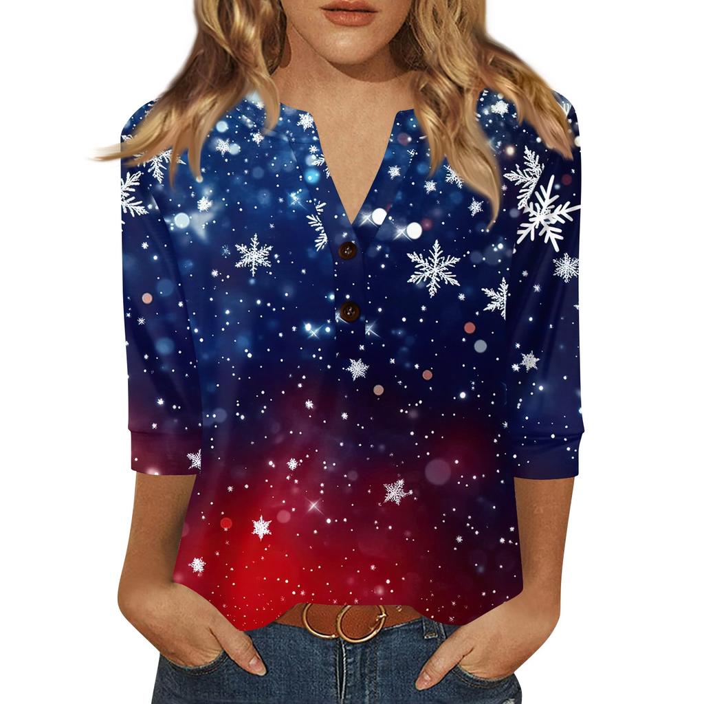 Женская футболка с рождественским принтом, на пуговицах, рукав 3/4, повседневная, выходного дня, модная, базовая, с V-образным вырезом, стандартный топ