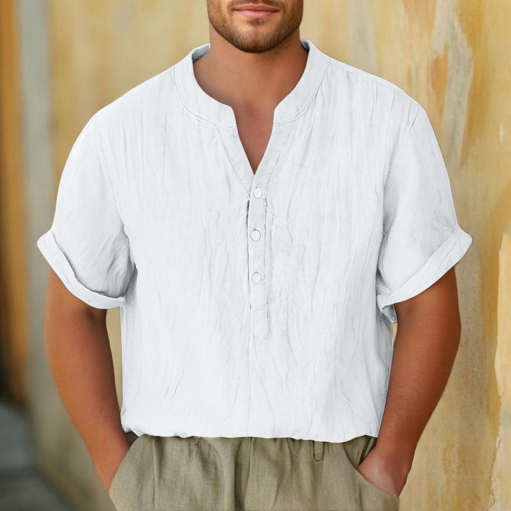 Men's Casual Stand Collar Pullover Shirt Retro Thin Cotton Linen T-shirt Top