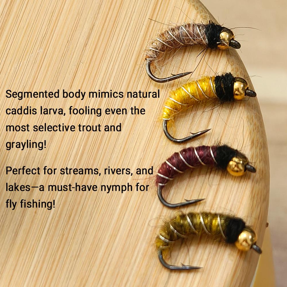 6/8 шт. 2 размеров Нимфа личинки ручейника с головкой из бусинки Реалистичный жук-бокоплав Червь для ловли форели и хариуса (Крючок с бородкой, Быстро тонущий)