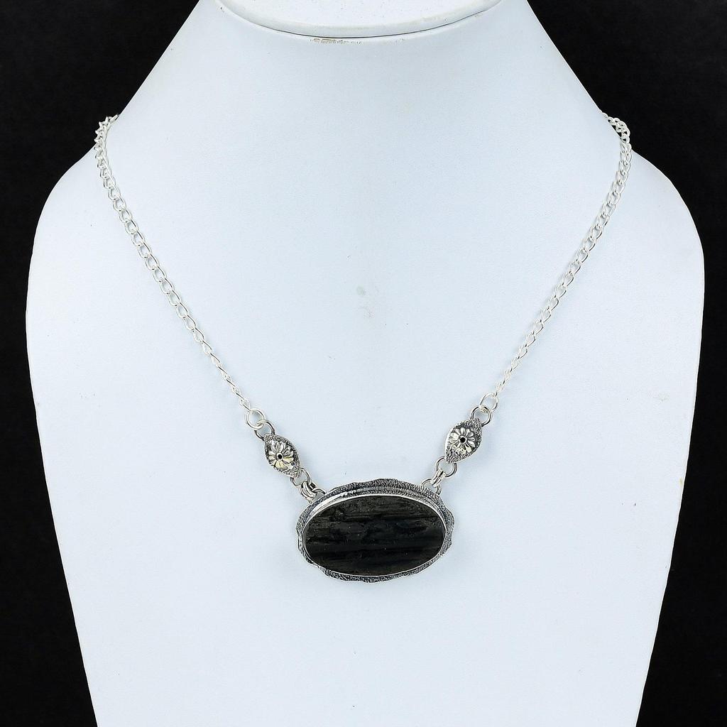 Natural Black Tourmaline Gemstone Handmade 925 Sterling Silver Electroform Necklace, Black Tourmaline Silver For Wife Unisex Pendant Party Wear Gifts