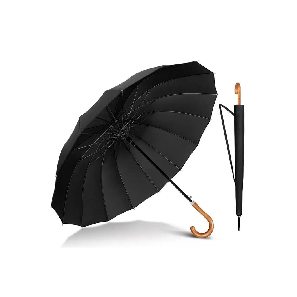 16 String Protocol Large Size Walking Stick Umbrella Fiber Umbrella Rain Umbrella (black)