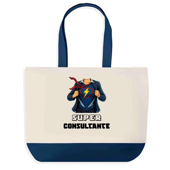 Tote bag - PLANETEE - Sac shopping fond bleu Super Consultante - Coton 40x45 cm - Grand format - Fabriqué en France