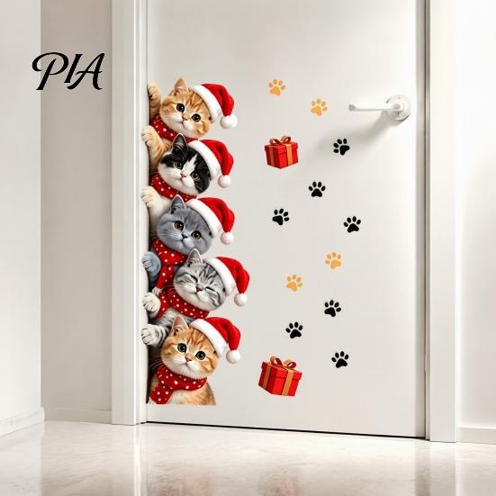 Cartoon Kitty Window Graphics Christmas Cat Door Sticker, Cute Santa Hat Kittens Wall Decal, Self Adhesive Animal Art Waterproof PVC Sticker