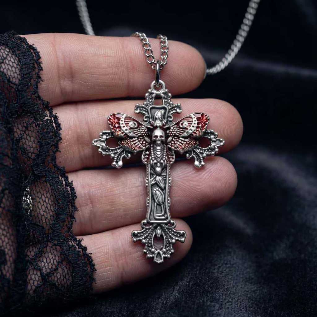 Gothic Cross Necklace With Death Head Moth Pendant For Gothic Jewelry And Party Wear