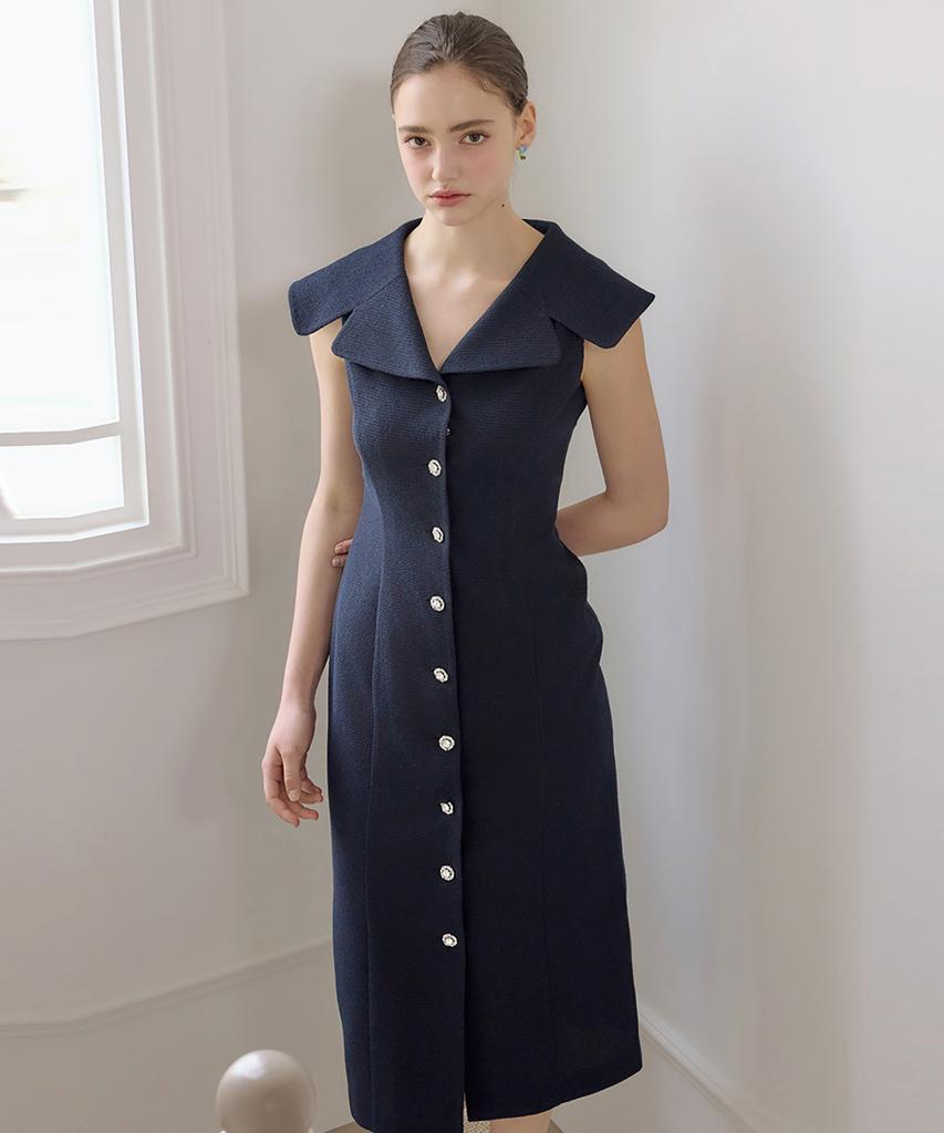 Julie And Kara 25Hs Collar124 Terroir Line Terroir Queen Sleeveless Tweed Dress Navy