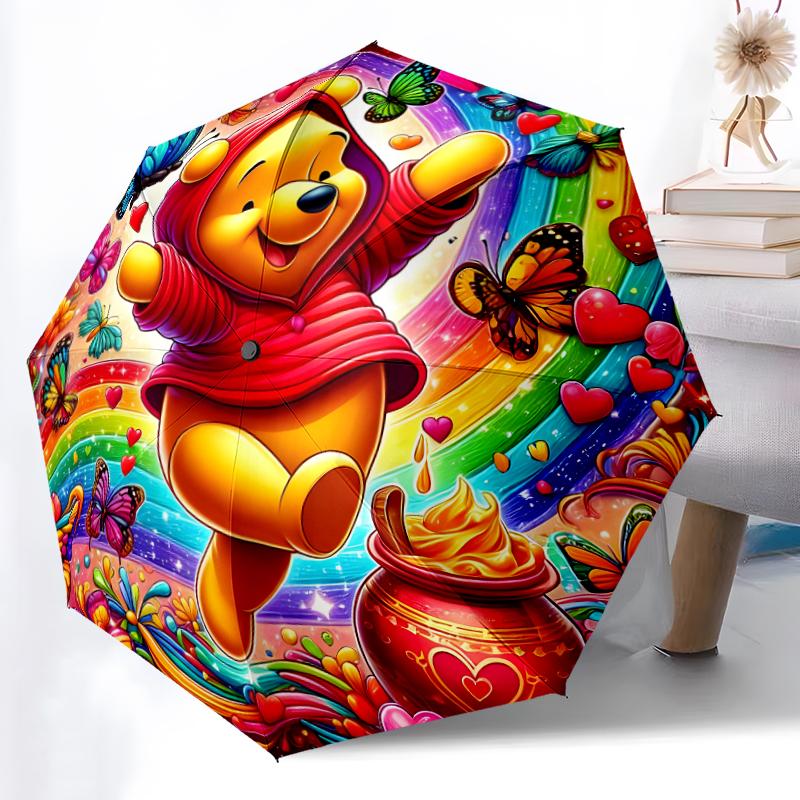 1pc Sturdy 8-Bone Auto Umbrella, Pooh Bear Rainbow Floral Umbrella, Digital Printed, Foldable Umbrella for On-the-Go Outdoor Use