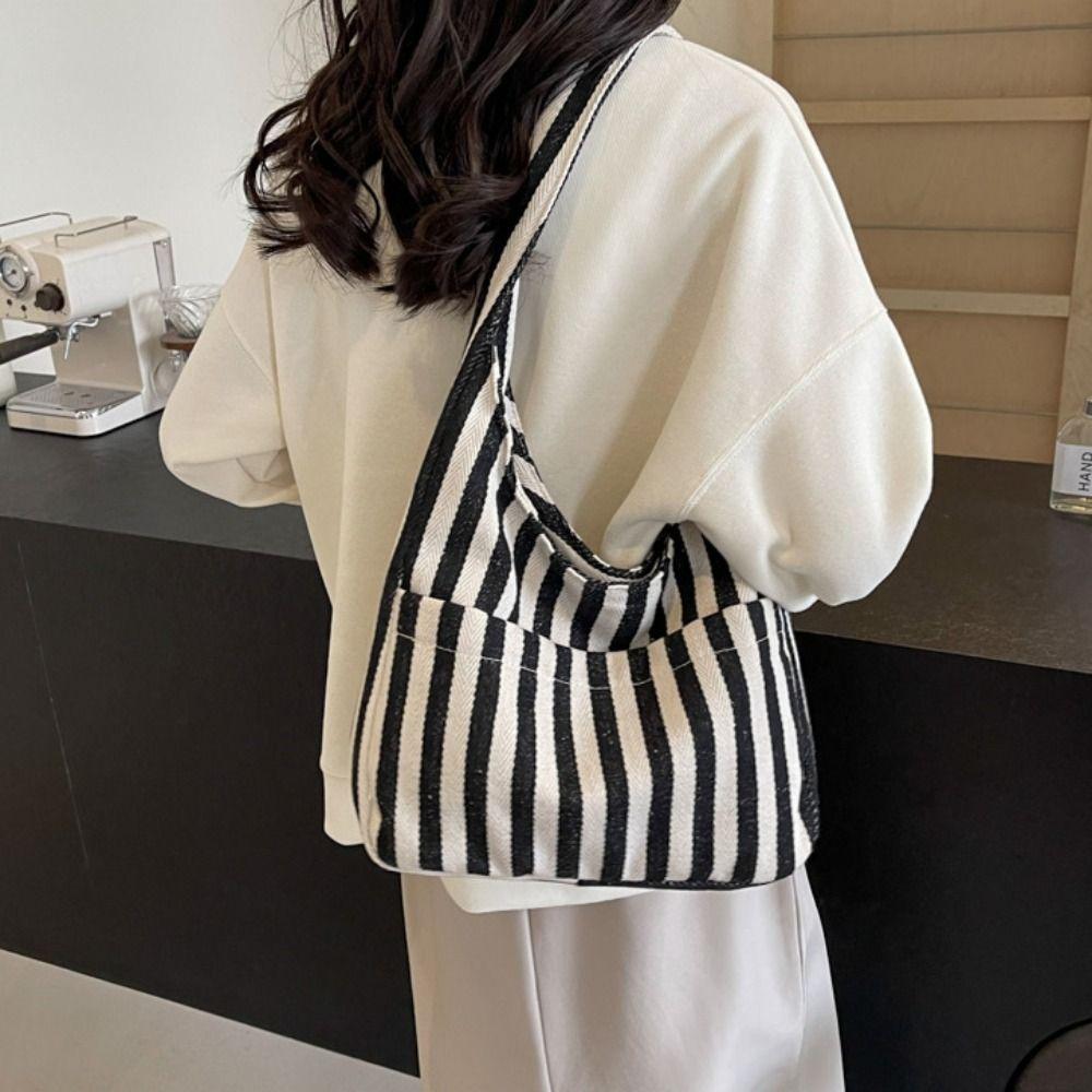 Retro Magnetic Snap Vertical Stripe Bag Daily Vintage Commute Handbag Canvas Shoulder Bag  Girls