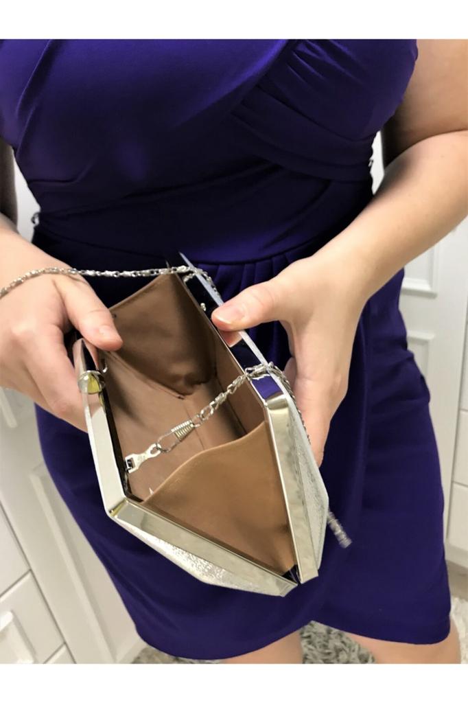 Women's Stylish and Useful Evening Dress Bag Silver Color Plaster Patterned Evening Dress Portfolio Clutch Women's Bag Handheld and Long Strap Usage