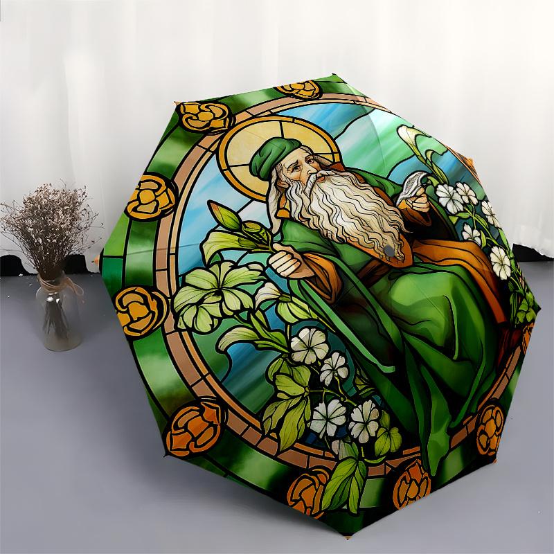 Stained Window Art: Medieval Sage with FlowersUmbrella, Portable 3-Fold Compact Umbrella for Men & Women Gift