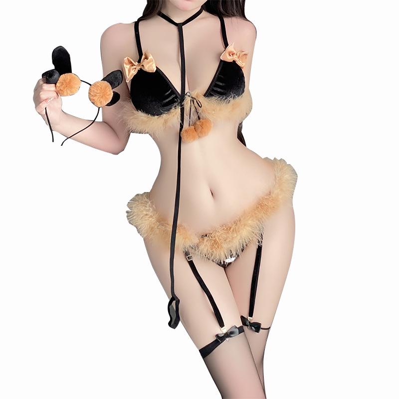 Man Yan Three-Piece Bowknot Reindeer Plush Lingerie Set 9891
