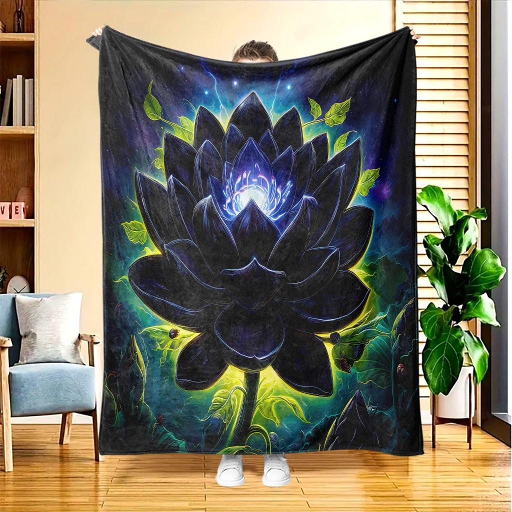 A Mysterious Lotus Flower Fleece Blanket, Featuring High-Definition Digital Printing, Suitable for All Seasons, Perfect As a Sofa Throw, Made of 100%