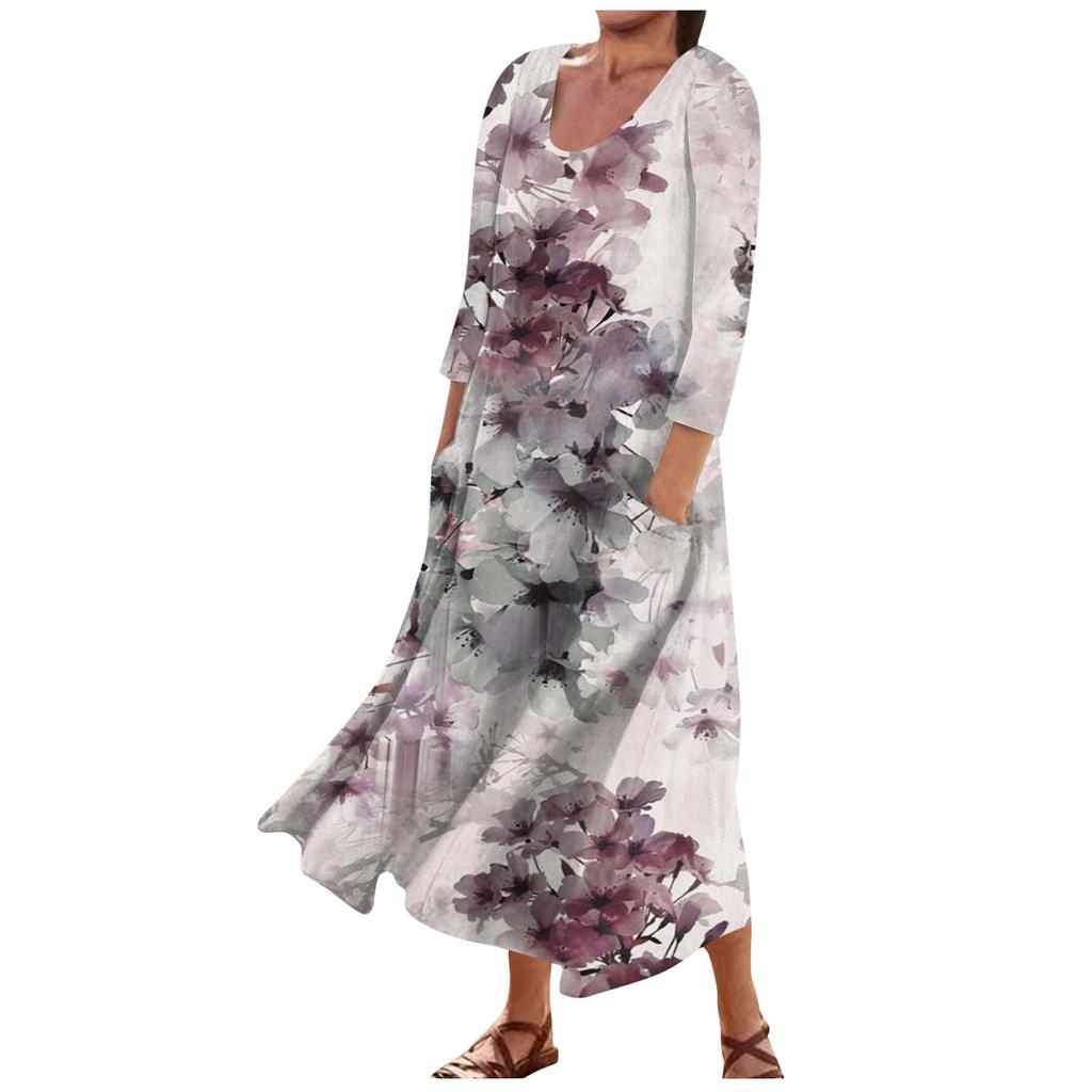 Женское модное повседневное свободное карманное платье с круглым вырезом и рукавами 3/4