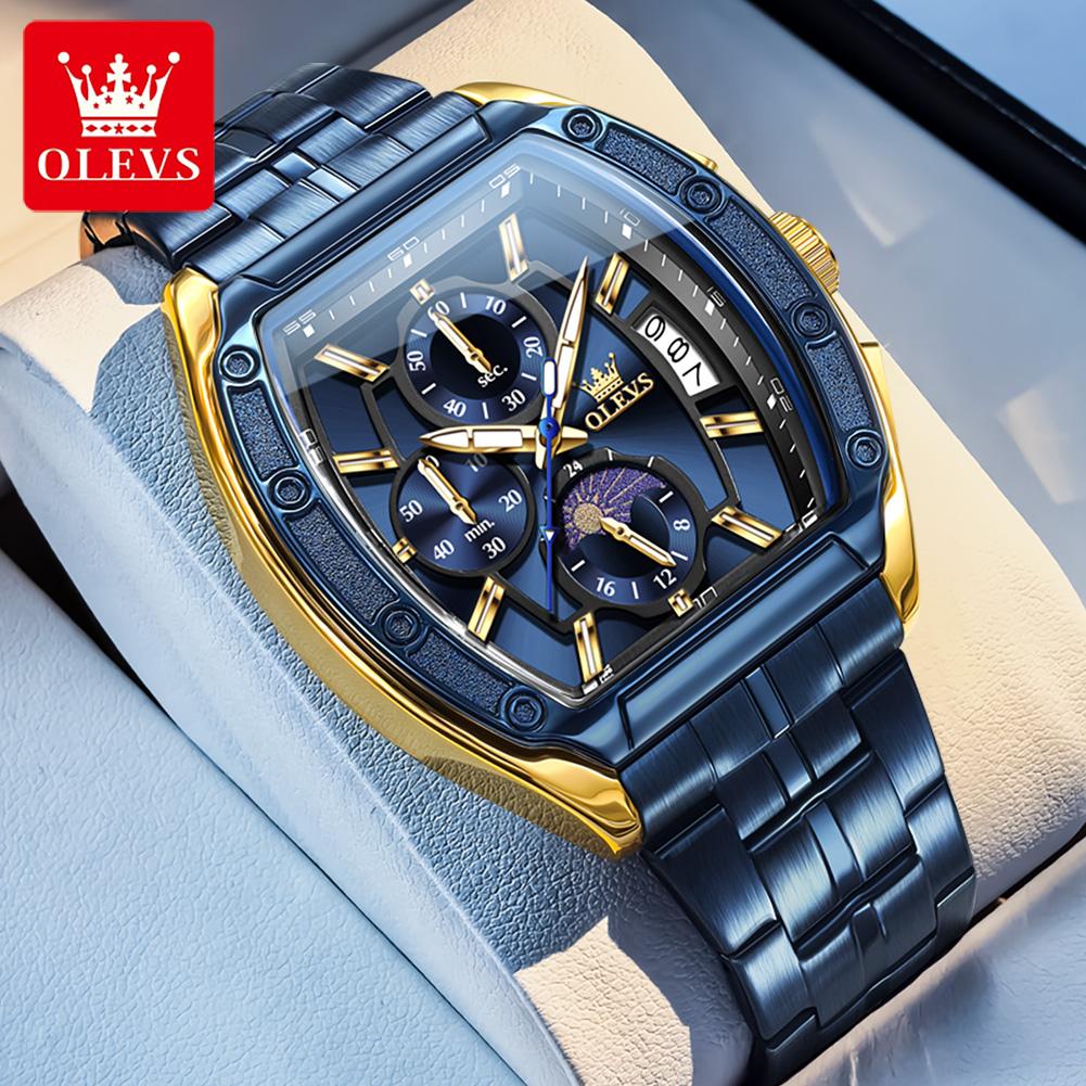 Men Watch Luxury Chronograph Quartz Watch Leather Waterproof Luminous Date Moon Phase Watches for Man Reloj