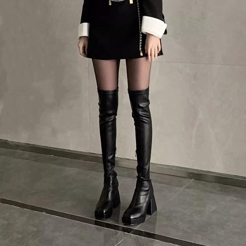 Autumn Winter Street Style Stretch Over The Knee Boots Women Fashion Round Toe Square Platform Heels Long Booties