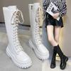 Women Knee High Boots Thick Sole Punk Style Women Motorcycle Boots Retro Square Heel Lace Up Women Boots Black White Botas Mujer