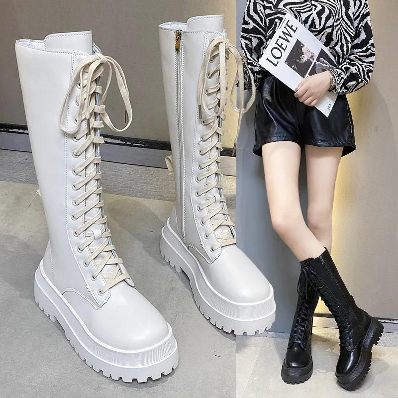 Women Knee High Boots Thick Sole Punk Style Women Motorcycle Boots Retro Square Heel Lace Up Women Boots Black White Botas Mujer