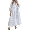 Elegant Solid Color Embroidery Lace Maxi Dress V-neck 3/4 Flared Sleeve Hollow Out Flower Pattern Buttons Half Placket Ruffle Stitching Hem Dress