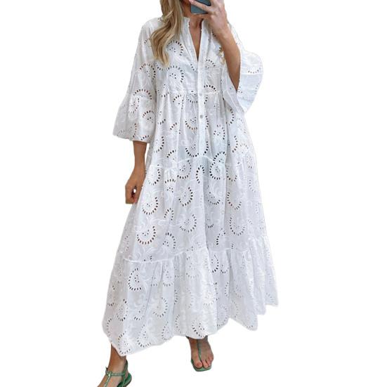 Elegant Solid Color Embroidery Lace Maxi Dress V-neck 3/4 Flared Sleeve Hollow Out Flower Pattern Buttons Half Placket Ruffle Stitching Hem Dress
