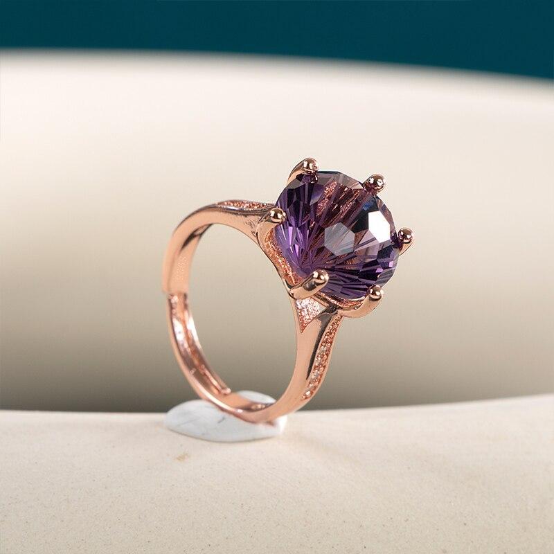 BELLA BOX Кольцо с аметистом и шестью зубцами, фиолетовое кольцо с камнем, цвет розового золота, женские свадебные обручальные кольца на палец, изменяемого размера