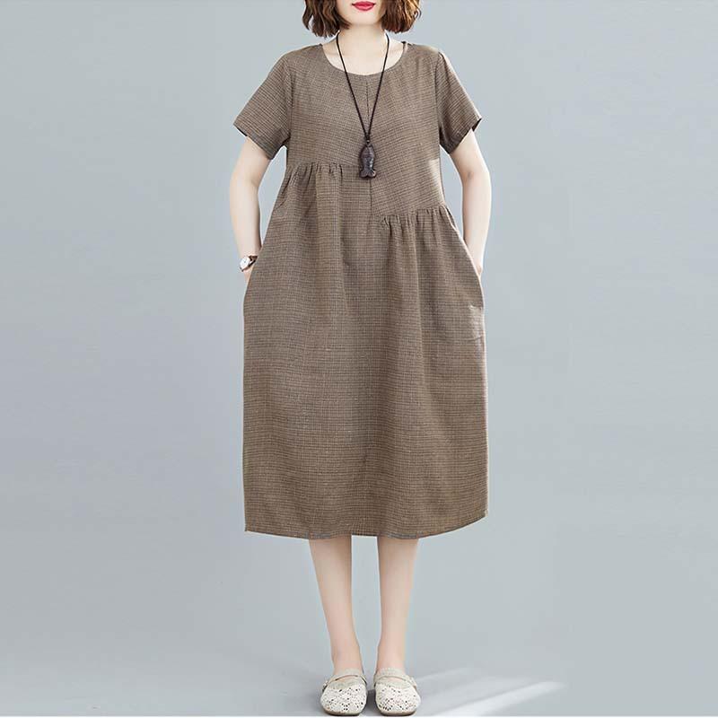 Реальное фото лето новый литературный свободный сращенный хлопок и лен клетчатый круглый вырез короткий рукав платье женская одежда средней длины
