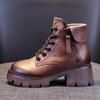 2024 New Autumn Leather Platform Boots Women's Thick-soled British Womens Shoes Short Boots Spring and Autumn Zipper Boots