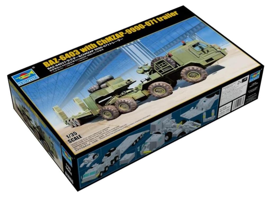 Trumpeter 1/35 Scale Russian Federal Army BAZ-6403 Tractor & ChMZAP 9990-071 Trailer Plastic Model Kit 01086