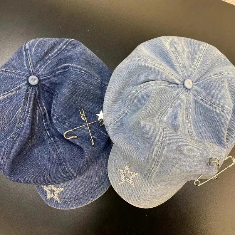 Y2k Original Star Rhinestone Niche Versatile Berets Caps for Women Spring and Autumn Ins Retro Denim Octagonal Newsboy Hats