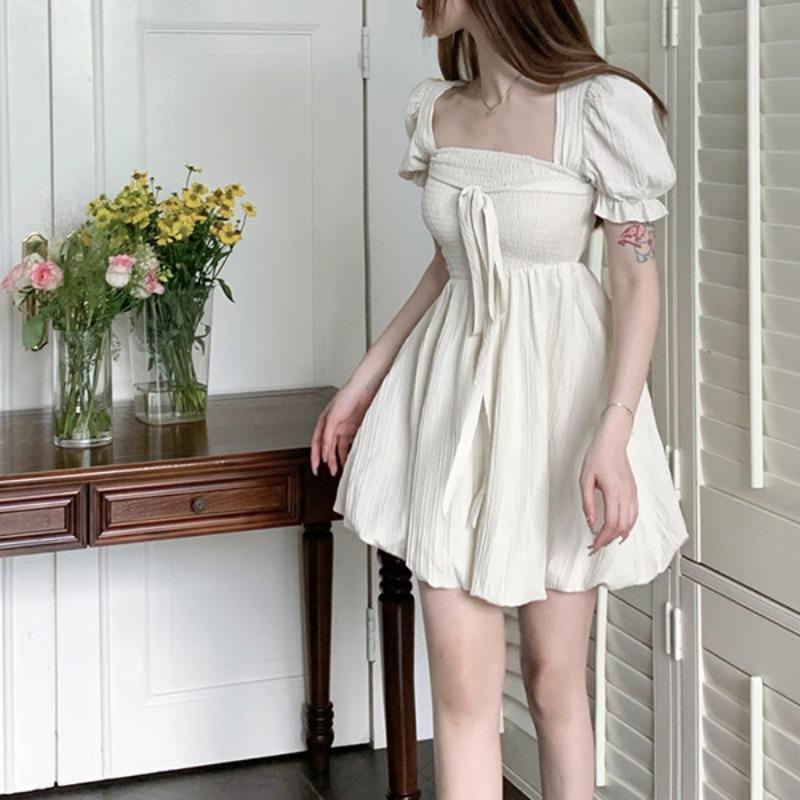 Женское летнее платье-трапеция с завязками, утягивающее, с французским квадратным воротником, с завышенной талией