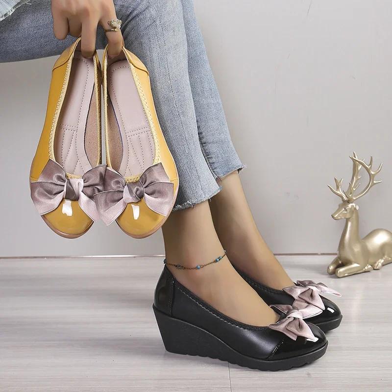 Fashion 2024 Hot Sale Shoes for Women ShallowWomen's Pumps Autumn Round Toe Bow Tie Mixed Colors Casual Wedge Large Size One Kick Shoes
