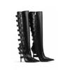 Fashion Brand Black Belt Buckle High Heels Knee High Boots Autumn Winter Women Fashion Pole Dance Pointed Solid Color Knight Boots 34-46