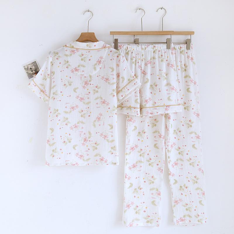 2026 Новый весенне-летний женский комплект пижамы 100% хлопковый креп Короткий рукав+Шорты+Брюки 3-piece Тонкий кардиган Домашняя одежда Женская