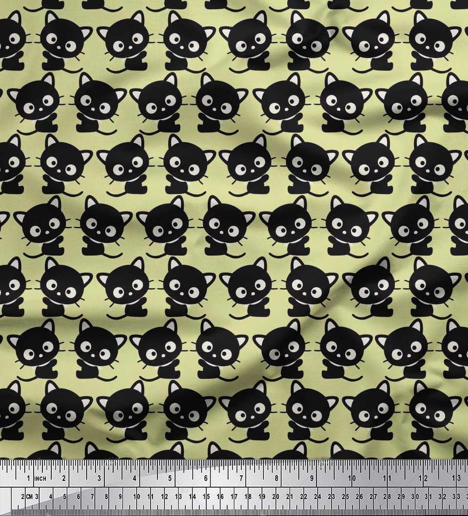 Soimoi Japan Crepe Satin Fabric Cat Cartoon Print Fabric by metre 42 Inch