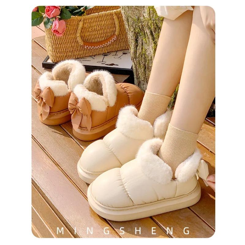Cute Warm Ankle Boots Winter Women's Bow Warmth Plush Bow Cotton Shoes 2025 New Waterproof Down Cloth Short Barrel Snow Boots