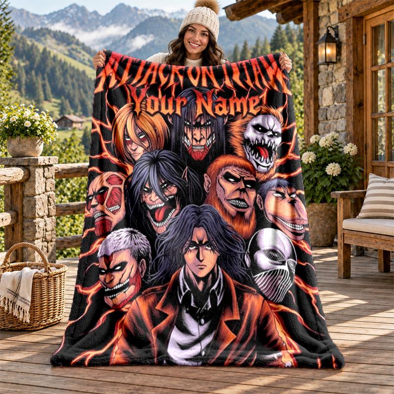 Attack on Titan Custom Name Flannel Blanket Personalized Soft Warm Plush Throw Blanket Customized Gift for Family Friends