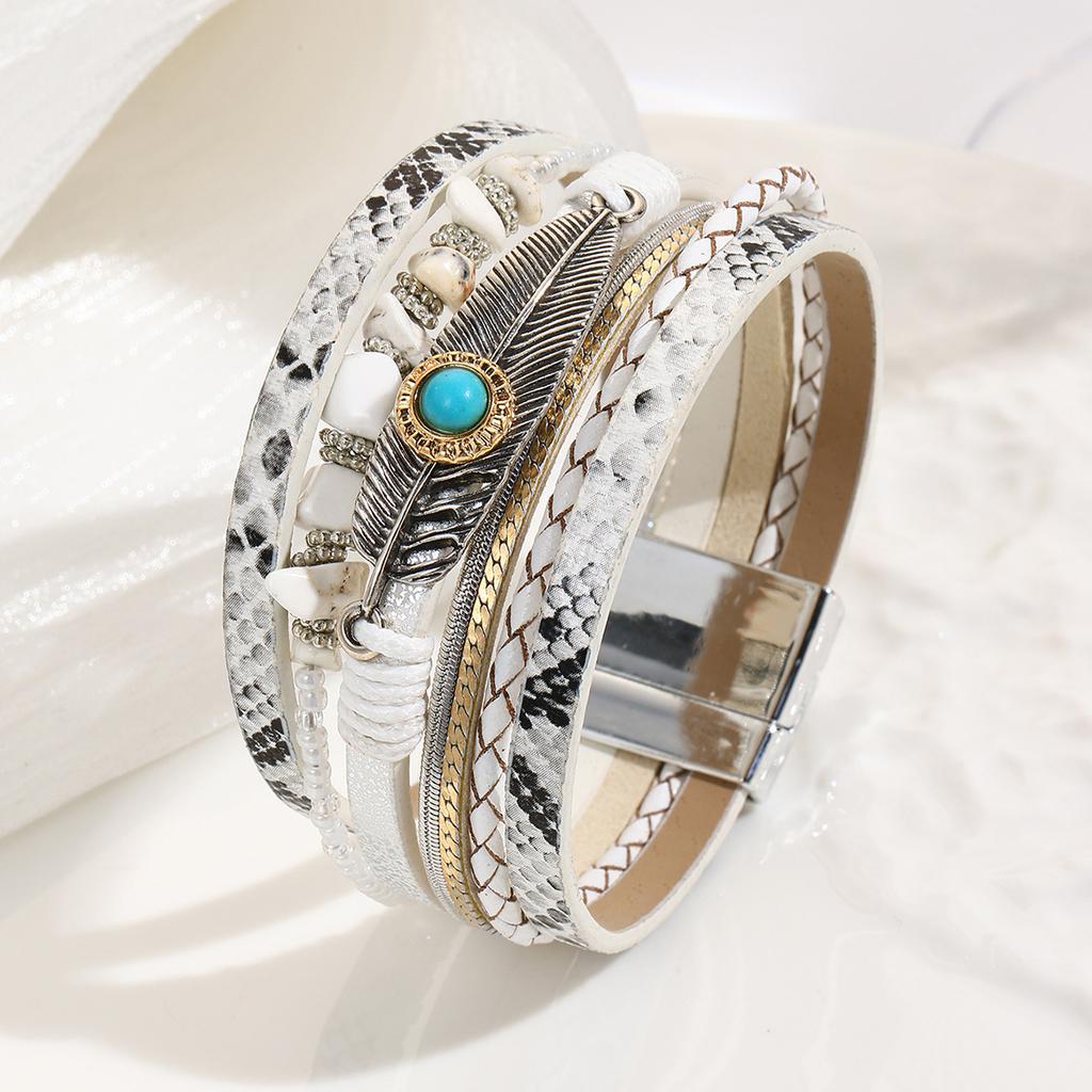 Bohemian Bracelet Gravel Feather Leather Women's Bracelet Vintage Feather Turquoise Magnet Buckle Bracelet