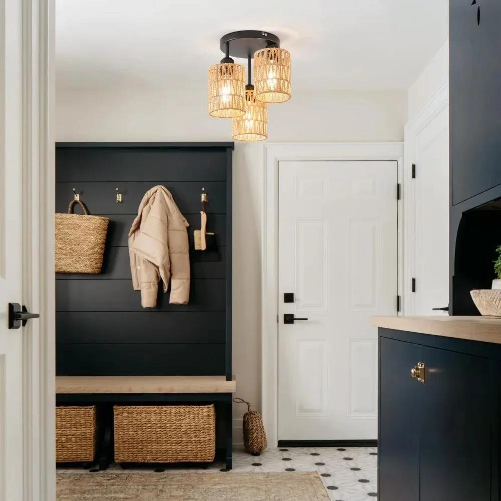 Retro Vine Pendant Light 3-Lights Rattan Light Fixture Light Chandelier Lighting Hand-woven Wicker Ceiling Light Restaurant