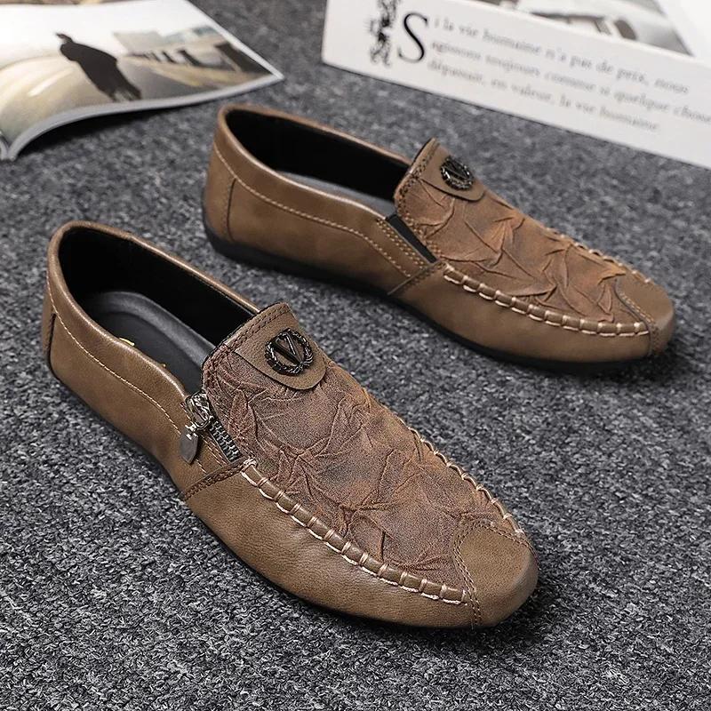 Fashion Leather Men Casual Shoes Outdoor Breathable Walking Shoes Lightweight Mens Loafers Lazy Shoes Soft Sole Male Sneakers
