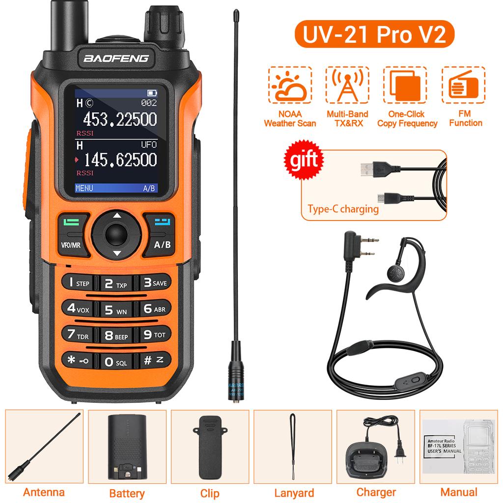 Baofeng UV-21 Pro Радиостанция Дальнего Действия Авиационный Диапазон Беспроводное Копирование Частоты VHF UHF Type-C Перезаряжаемая Обновление UV-5R Любительская Радиостанция