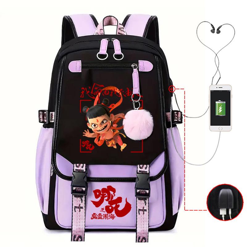 Мультяшный рюкзак Nezha многофункциональный с портом USB-зарядки для студентов