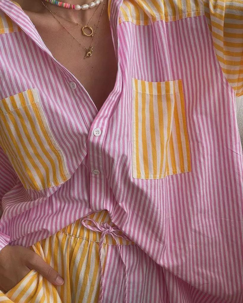 European-American Striped Lapel Shirt Suit with Shorts: Women's Casual Loose-Fit, Single-Breasted, Pocket Design