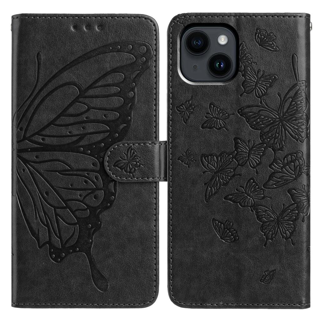 For iPhone 14 Case Butterfly Imprinted Wallet Stand PU Leather Flip Phone Cover with Strap