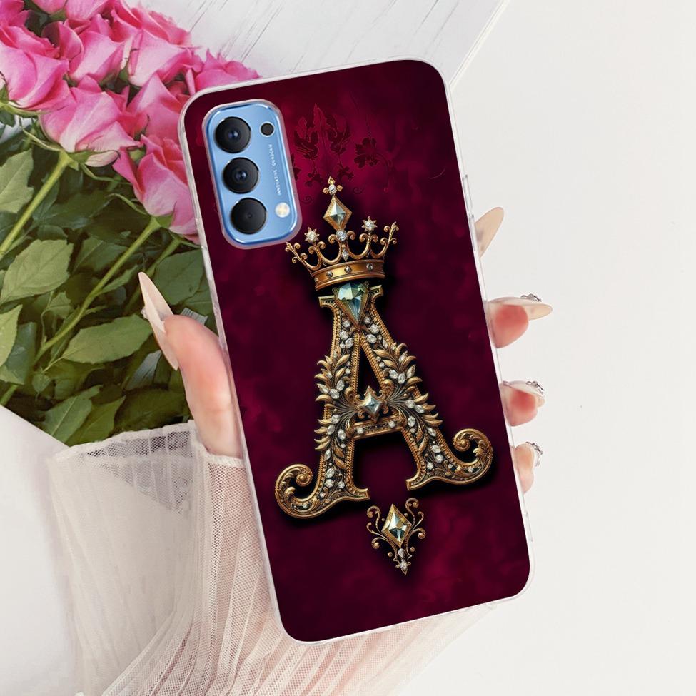 Transparent For Oppo Reno4 4G Case CPH2113 Luxury Crown A-Z Letters 2D Flat Pattern Soft Bumper For Oppo Reno 4 4G Phone Case
