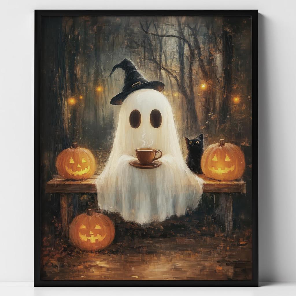 Cute Ghost Black Cat Riding A Broom Canvas Print Ghost Read Book Jack-o-lantern Halloween Wall Art Poster Autumn Home Decor Gift